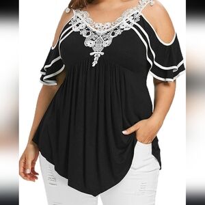 Emery Rose Black Cold-Shoulder Top with White Lace Trim Size  3XL